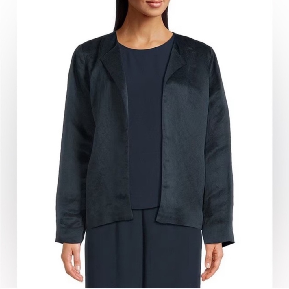 NWT Eileen Fisher Satin-Woven Blend Round Neck Long Sleeve Open Front Jacket